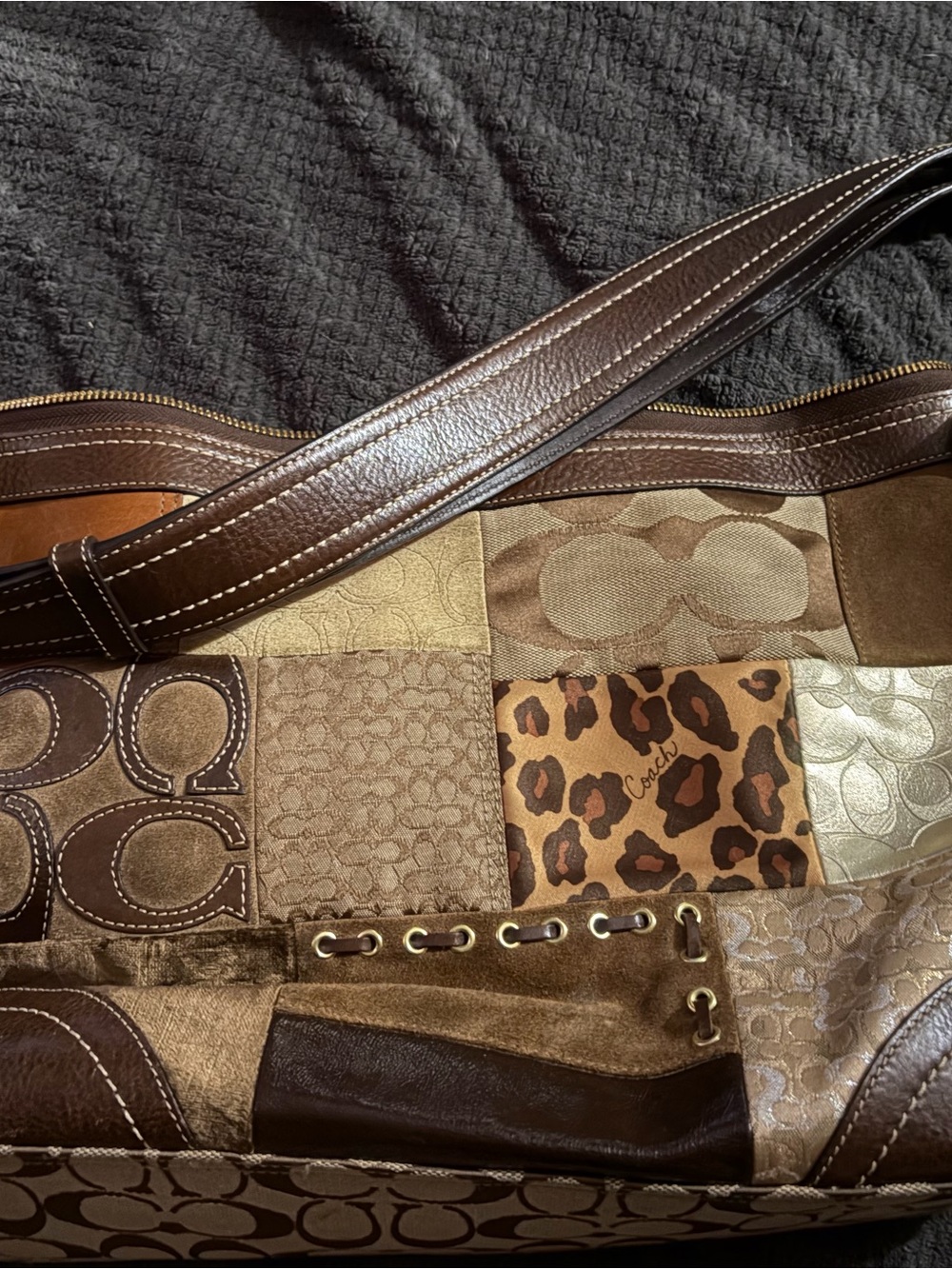 Coach Patchwork Signature & Leopard Shoulder Bag in Brown